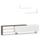Farmhouse TV stand in white with a wood accent, featuring open compartments and floating shelves for versatile storage.