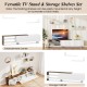 Farmhouse TV stand with white finish, open compartments, and floating shelves for versatile storage and organization.