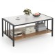 2 Tier coffee table with white sintered stone tabletop and wooden shelf, ideal for organized living in any room.