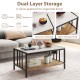 Dual-layer coffee table with sintered stone tabletop and faux marble texture, ideal for organized living in any room.