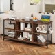 Rustic brown TV stand with black metal frame, featuring 6-cube storage and built-in charging station for 65-inch TVs.