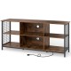 Rustic brown and black TV stand with spacious tabletop, built-in charging station, and metal mesh sides for storage.