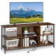 Rustic brown and black TV stand for 65-inch TVs featuring 6-cube storage and built-in charging station.