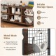 TV stand with rustic brown and black finish, featuring 6-cube storage space and metal mesh sides for hanging items.