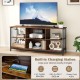 Rustic brown TV stand for 65-inch TVs with built-in charging station, 6-cube storage, and metal mesh sides for.