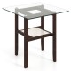 Square 24-inch coffee table with a tempered glass top and brown rubber wood legs, featuring a storage shelf for.