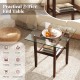 Square 24-inch glass coffee table with brown rubber wood legs and open shelf, perfect for books and snacks.