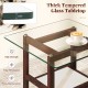 Square coffee table with a thick tempered glass top, brown rubber wood legs, and an open storage shelf for versatile.