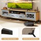 Farmhouse TV stand in oak and gray with 2 drawers, sturdy metal legs, and ample storage for TVs up to 80 inches.