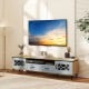 Farmhouse TV stand in oak and gray with two drawers, open compartment, and transparent doors for TVs up to 80 inches.