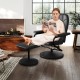 Swivel lounge chair recliner in black leather with ottoman, featuring 360-degree swivel and knob adjustment for comfort.