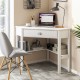 Corner wooden laptop desk in white with a drawer and two shelves, perfect for home office or study use.