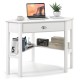 Corner wooden laptop desk in white with a drawer and shelves, ideal for home office or study use.