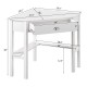 Corner wooden laptop desk in white with a drawer and two shelves, ideal for home office or study use.