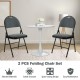 Two padded folding office chairs with backrests and a round table, featuring a space-saving design for easy storage.