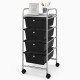 4-drawer rolling cart organizer with black plastic drawers and metal frame, ideal for storage and easy mobility.