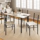 Natural wood and metal dining table set with four chairs, showcasing a compact design ideal for small dining areas.