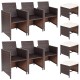 Set of 6 armchairs and 4 ottomans in brown PE wicker for outdoor patio dining, featuring removable cushions and.