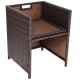 Brown PE wicker armchair with cut-out handles and foldable backrest, perfect for outdoor patio use.