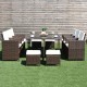 10-piece outdoor patio dining set featuring brown PE wicker chairs and ottomans, perfect for garden or poolside use.
