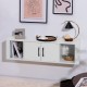 Wall-mounted floating desk hutch in white with 2 doors, open compartments, and modern design for stylish storage.