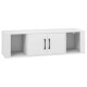 Wall-mounted white 2-door desk hutch with open compartments for storage and display, featuring convenient handles.