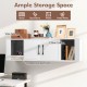 Wall-mounted floating desk hutch in white with wide tabletop, 2-door cabinet, and open compartments for stylish storage.