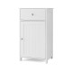 Single door bathroom cabinet in white with adjustable shelf and drawer, ideal for versatile storage solutions.