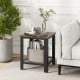 Industrial end table with a wood top and iron frame, featuring a lower netlike shelf for storage, ideal for living.