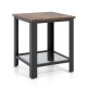Industrial end table with a wooden top and black metal frame, featuring a netlike lower shelf for additional storage.