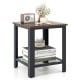 Industrial end table with a black metal frame and wooden top, featuring a lower netlike shelf for storage.