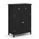 Freestanding black bathroom cabinet with two doors, large drawer, and adjustable shelf for versatile storage solutions.