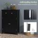 Black 2-door freestanding bathroom cabinet with drawer, adjustable shelf, and anti-toppling device for safe storage.