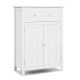 Free standing white bathroom storage cabinet with large drawer and adjustable shelf, perfect for home organization.