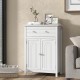 Free standing white bathroom storage cabinet showcasing elegant groove design and spacious top for decorative items.