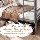 Twin size gray wooden bunk bed with ladder and safety rail, featuring under-bed storage for compact spaces.