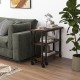 360° rotating walnut side table with storage shelves and wheels, perfect for living room or office use.