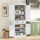 White kitchen pantry storage cabinet with four doors, adjustable shelves, and a large center drawer for versatile.