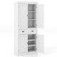 White kitchen pantry storage cabinet featuring 4 doors, a large drawer, and adjustable shelves for versatile.