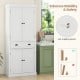 White kitchen pantry storage cabinet with four doors, a center drawer, and adjustable shelves for versatile.