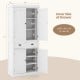 White kitchen pantry storage cabinet with 4 doors, a large drawer, and adjustable shelves for versatile organization.
