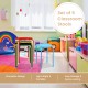 Set of 6 multicolor portable plastic stack stools with sturdy steel frame, ideal for classrooms and easy storage.