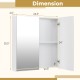 Double door bathroom wall cabinet with dimensions displayed, featuring a large mirror and adjustable shelf for.