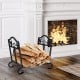 Foldable firewood log rack with leaf pattern design, sturdy steel frame, and elegant arch-shaped feet for indoor use.