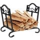 Foldable firewood log rack with a sturdy steel frame and leaf pattern design, perfect for indoor or outdoor wood.