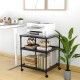 Black 3-tier printer stand with lockable swivel wheels and ample storage space, perfect for home or office organization.