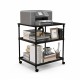 3-tier black printer stand with adjustable shelves and swivel wheels, ideal for organizing office supplies and printers.