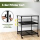 3-tier printer cart in black with adjustable shelves and swivel wheels, ideal for organizing office space.
