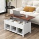 Lift top coffee table in white with hidden compartment and storage shelves, ideal for versatile use in modern living.