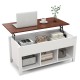 Lift top coffee table in white with hidden compartment, storage shelves, and modern design for versatile use.